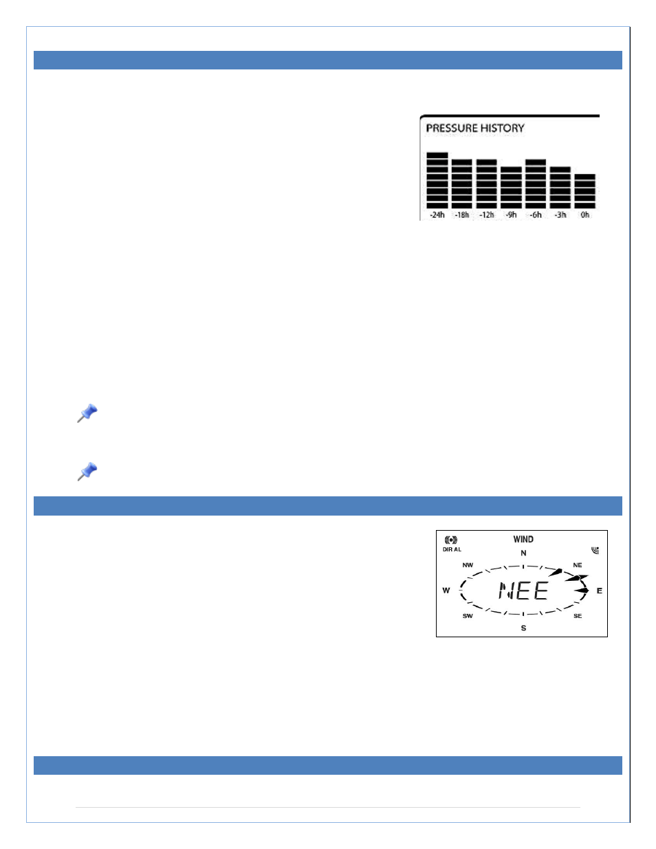 Air pressure history graph, Wind direction and wind speed measurement