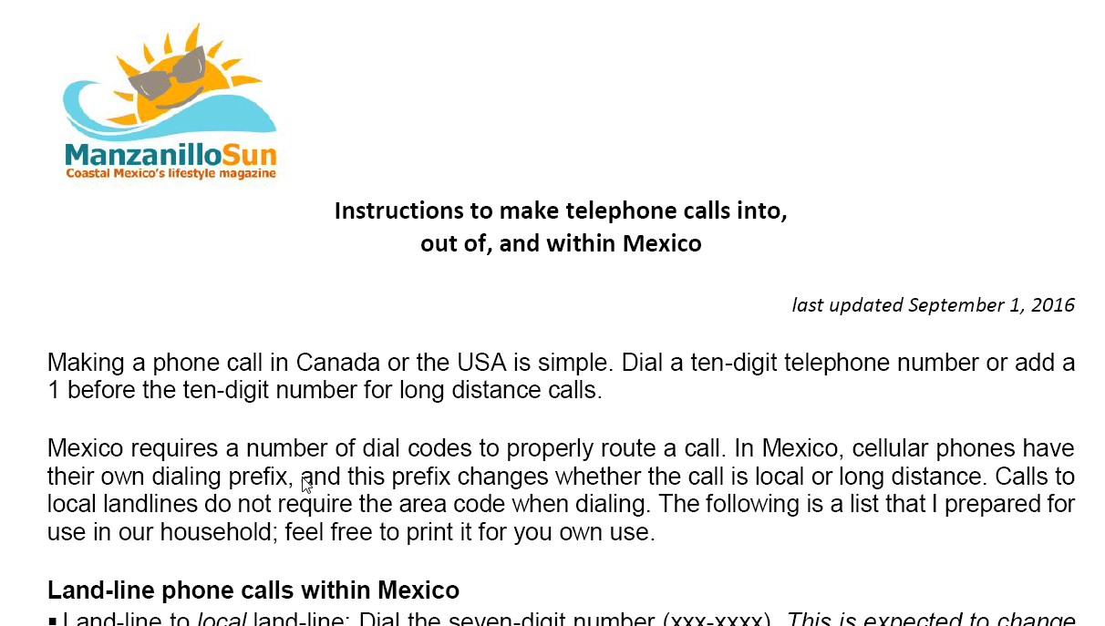 Dialing guide for Mexico Manzanillo Sun