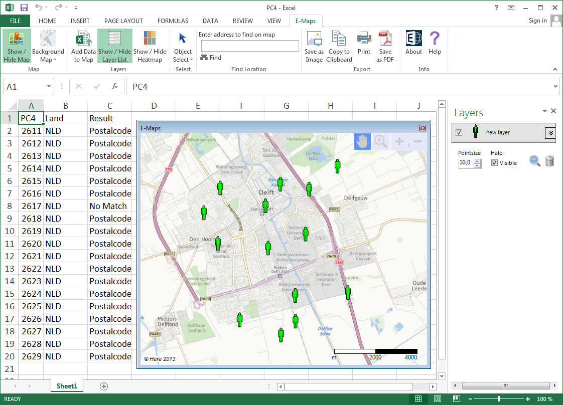Postcode 4 geocoderen in Excel EMaps