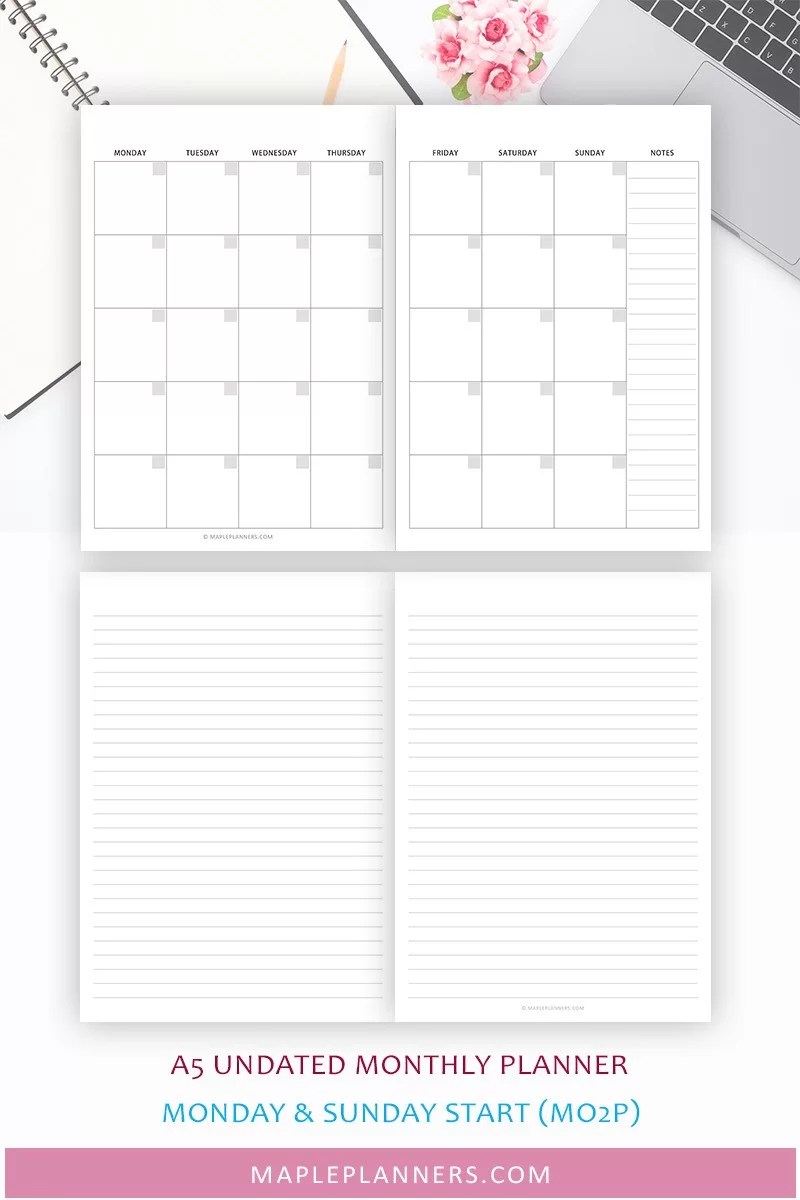 A5 TN Monthly Planner Inserts A5 Travelers Notebook