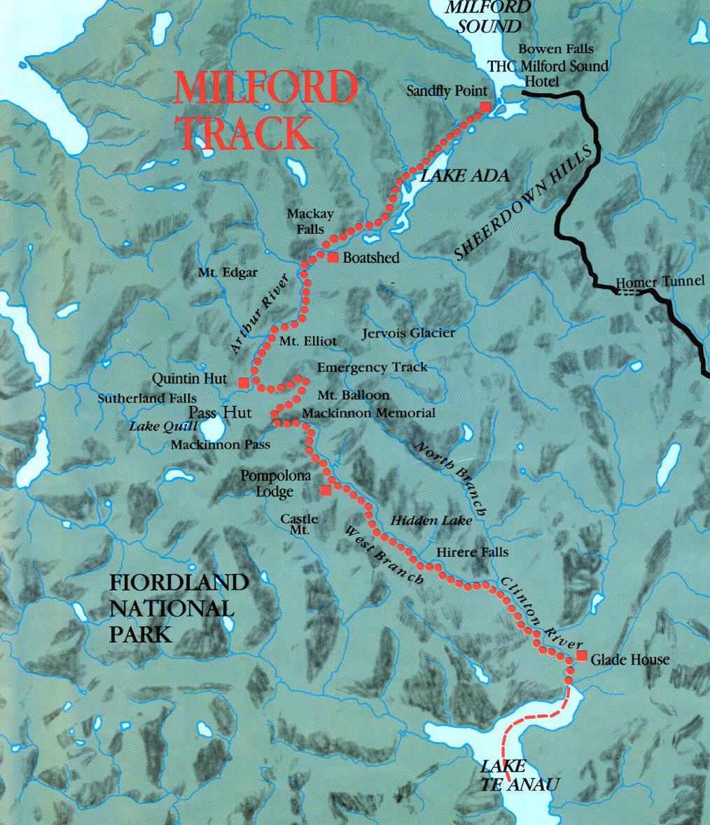Milford Track Map Milford Track Fiordland New Zealand • mappery