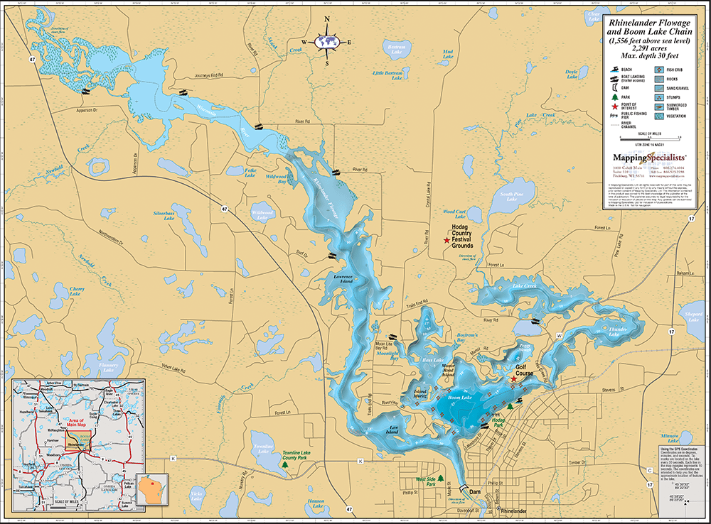 Rhinelander Flowage & Boom Lake Chain Wall Map Mapping Specialists