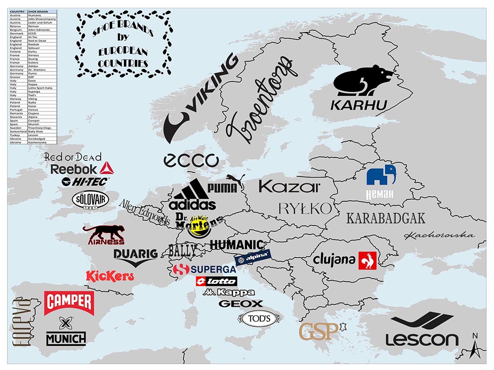European Shoe Brands by Countries Mappr