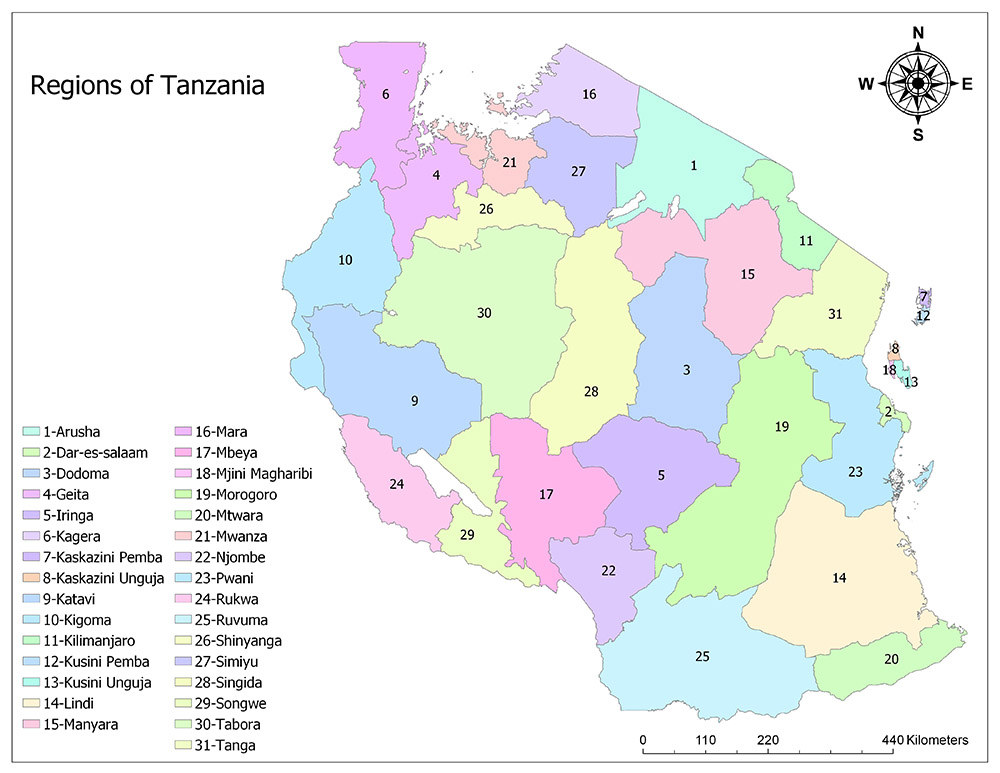 Regions of Tanzania Mappr