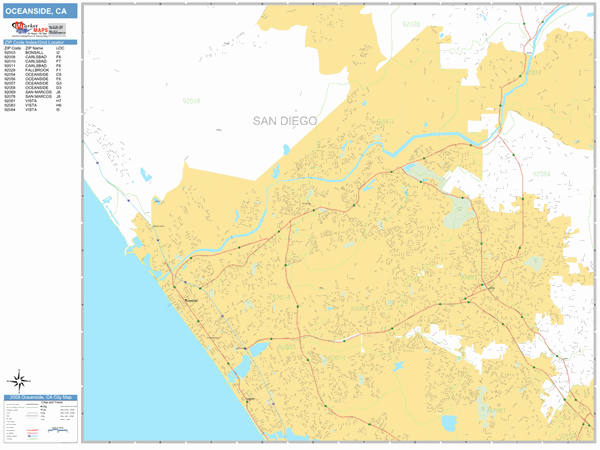 Oceanside California Zip Code Wall Map (Basic Style) by MarketMAPS