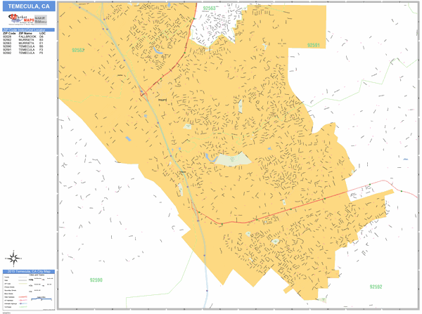 Temecula California Zip Code Wall Map (Basic Style) by MarketMAPS