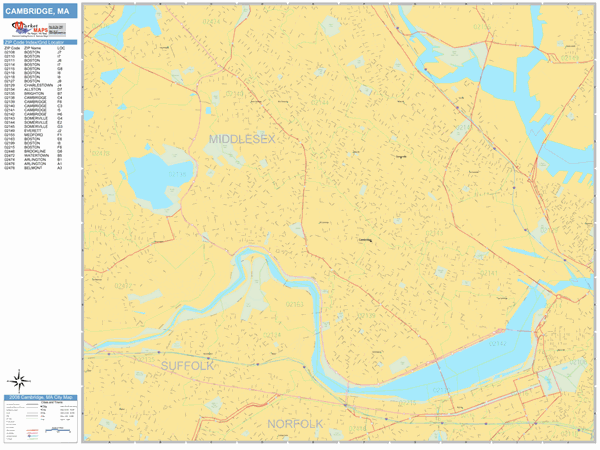 Cambridge Massachusetts Zip Code Wall Map (Basic Style) by MarketMAPS