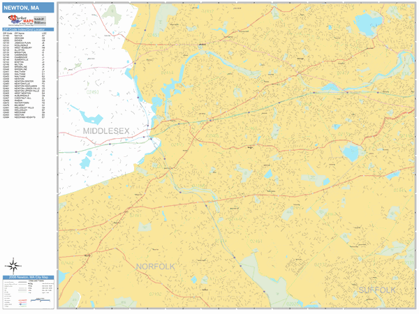 Newton Massachusetts Zip Code Wall Map (Basic Style) by MarketMAPS