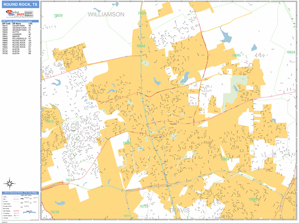 Round Rock Texas Zip Code Wall Map (Basic Style) by MarketMAPS