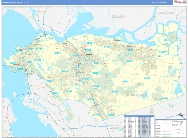 Contra Costa County, CA Zip Code Wall Map Basic Style by MarketMAPS