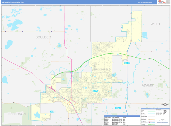 Broomfield Zip Code Map Broomfield County, Co Zip Code Wall Map Basic Style By Marketmaps - Mapsales