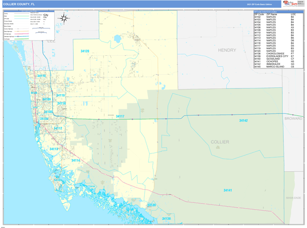 Collier County Zip Code Map Collier County, FL Zip Code Wall Map Basic Style by MarketMAPS