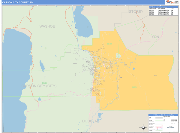 Carson City County, NV Zip Code Wall Map Basic Style by MarketMAPS