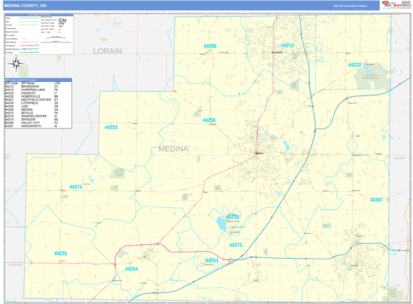 Medina County, OH Zip Code Wall Map Basic Style by MarketMAPS