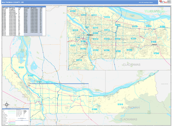 Multnomah County Zip Code Map Multnomah County, OR Zip Code Wall Map Basic Style by MarketMAPS