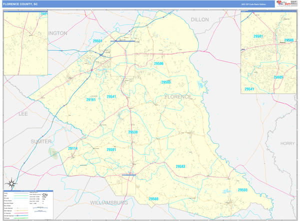 Florence County, SC Zip Code Wall Map Basic Style by MarketMAPS