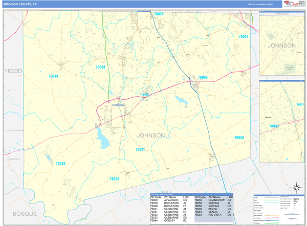 Johnson County Zip Code Map Johnson County, TX Zip Code Wall Map Basic Style by MarketMAPS