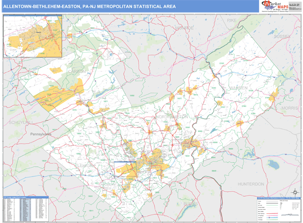 AllentownBethlehemEaston, PA Metro Area Zip Code Wall Map Basic Style by MarketMAPS