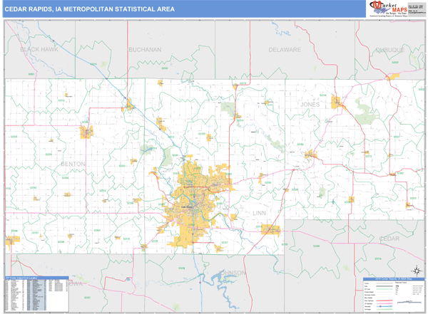 Cedar Rapids, IA Metro Area Zip Code Wall Map Basic Style by MarketMAPS