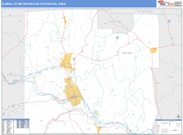 Elmira, NY Metro Area Zip Code Wall Map Basic Style by MarketMAPS