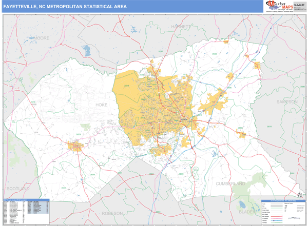 Fayetteville, NC Metro Area Zip Code Wall Map Basic Style by MarketMAPS