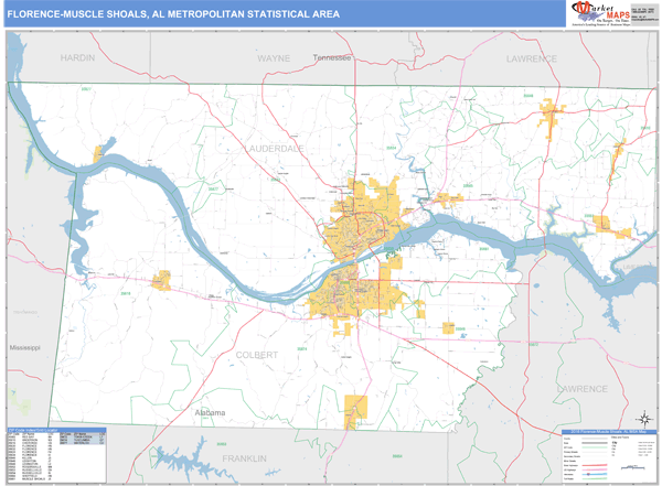 FlorenceMuscle Shoals, AL Metro Area Wall Map Basic Style by MarketMAPS