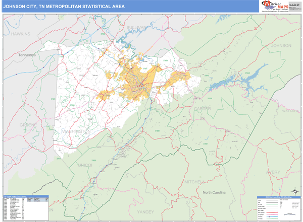 Johnson City, TN Metro Area Zip Code Wall Map Basic Style by MarketMAPS