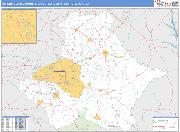 AthensClarke County, GA Metro Area Zip Code Wall Map Basic Style by