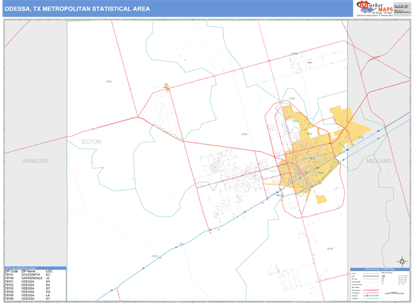 Odessa, TX Metro Area Zip Code Wall Map Basic Style by MarketMAPS