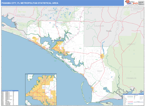 Panama City. FL Metro Area Zip Code Wall Map Basic Style by MarketMAPS