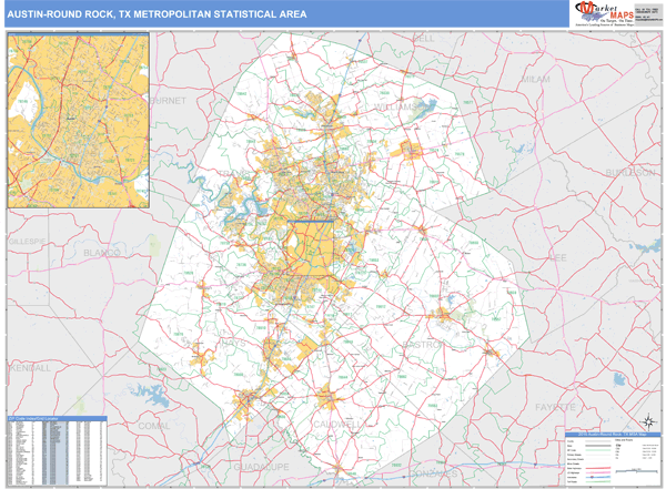 Round Rock Zip Code Map AustinRound Rock, TX Metro Area Wall Map Basic Style by MarketMAPS