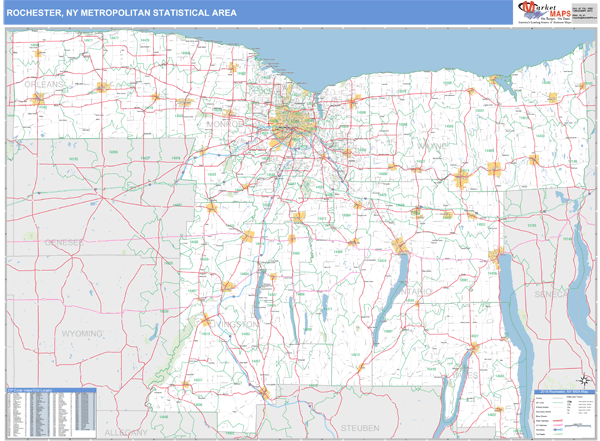 Rochester, NY Metro Area Zip Code Wall Map Basic Style by MarketMAPS