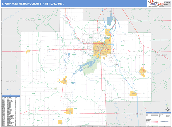 Saginaw. MI Metro Area Zip Code Wall Map Basic Style by MarketMAPS