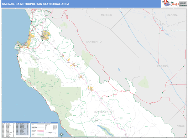 Salinas, CA Metro Area Zip Code Wall Map Basic Style by MarketMAPS