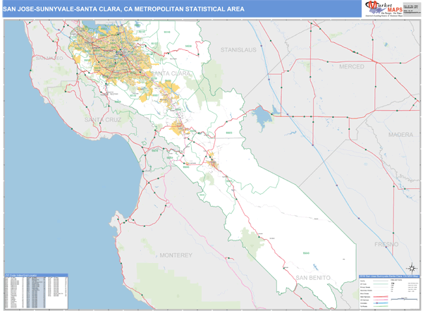 San JoseSunnyvaleSanta Clara, CA Metro Area Zip Code Wall Map Basic