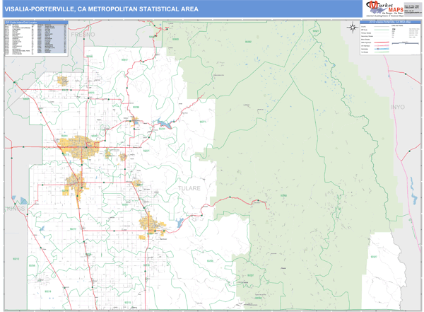 VisaliaPorterville, CA Metro Area Zip Code Wall Map Basic Style by