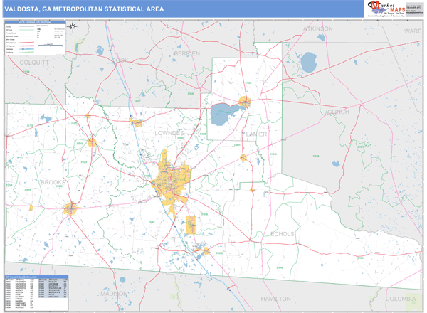 Valdosta, GA Metro Area Zip Code Wall Map Basic Style by MarketMAPS