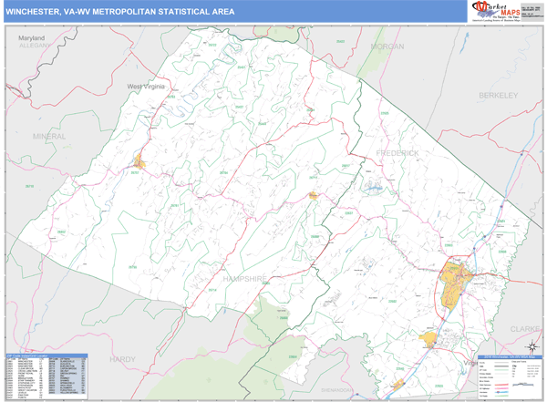 Winchester, VA Metro Area Zip Code Wall Map Basic Style by MarketMAPS