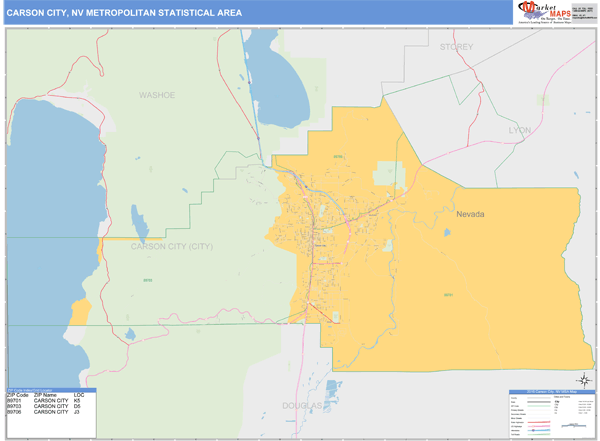 Carson City, NV Metro Area Zip Code Wall Map Basic Style by MarketMAPS