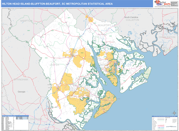 Hilton Head Island-Bluffton-Beaufort, Sc Metro Area Wall Map Basic Style By Marketmaps - Mapsales