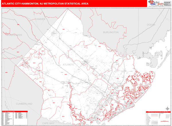 Atlantic CityHammonton, NJ Metro Area Zip Code Wall Map Red Line Style by MarketMAPS