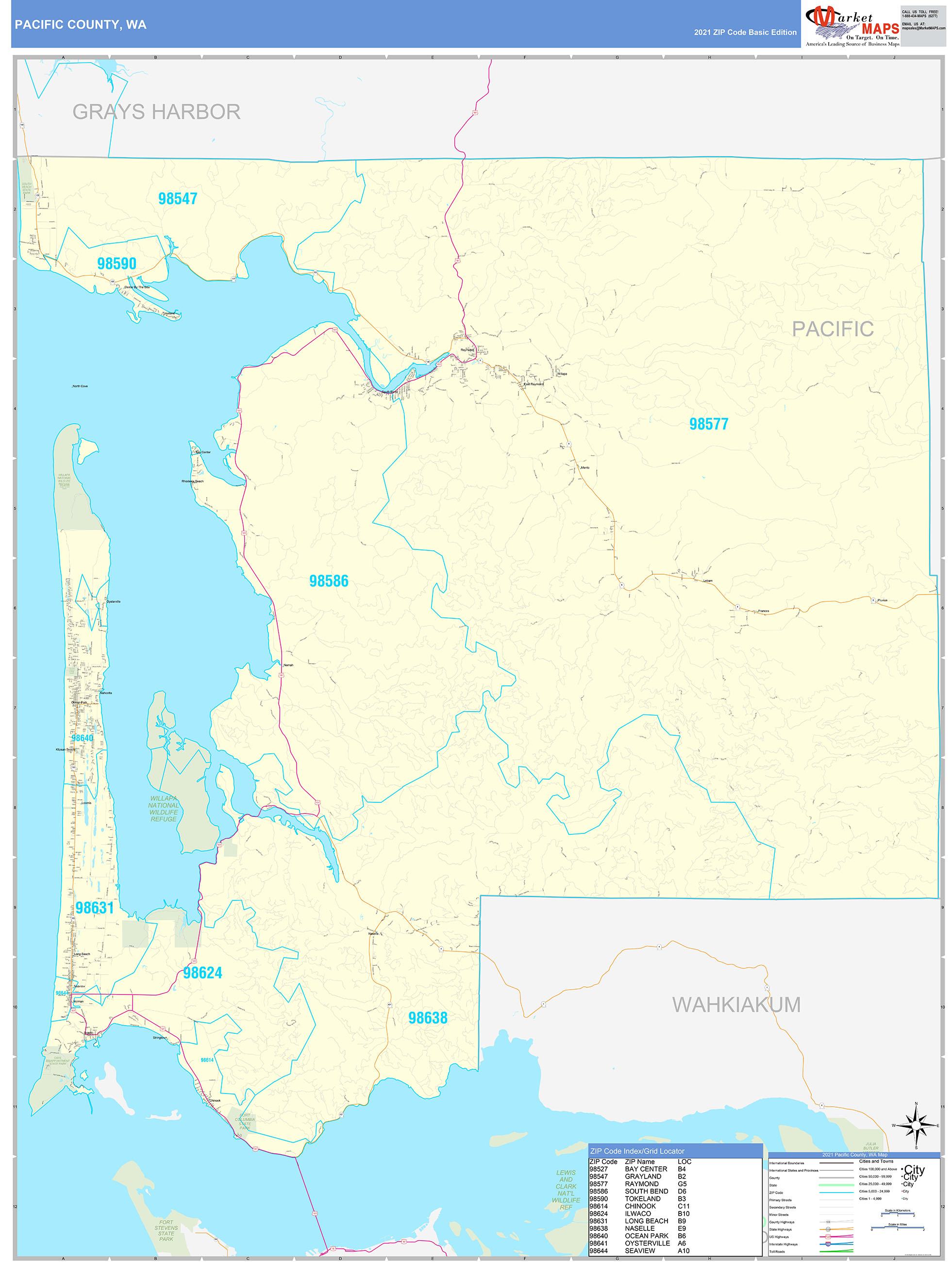 Pacific County, WA Zip Code Wall Map Basic Style by MarketMAPS