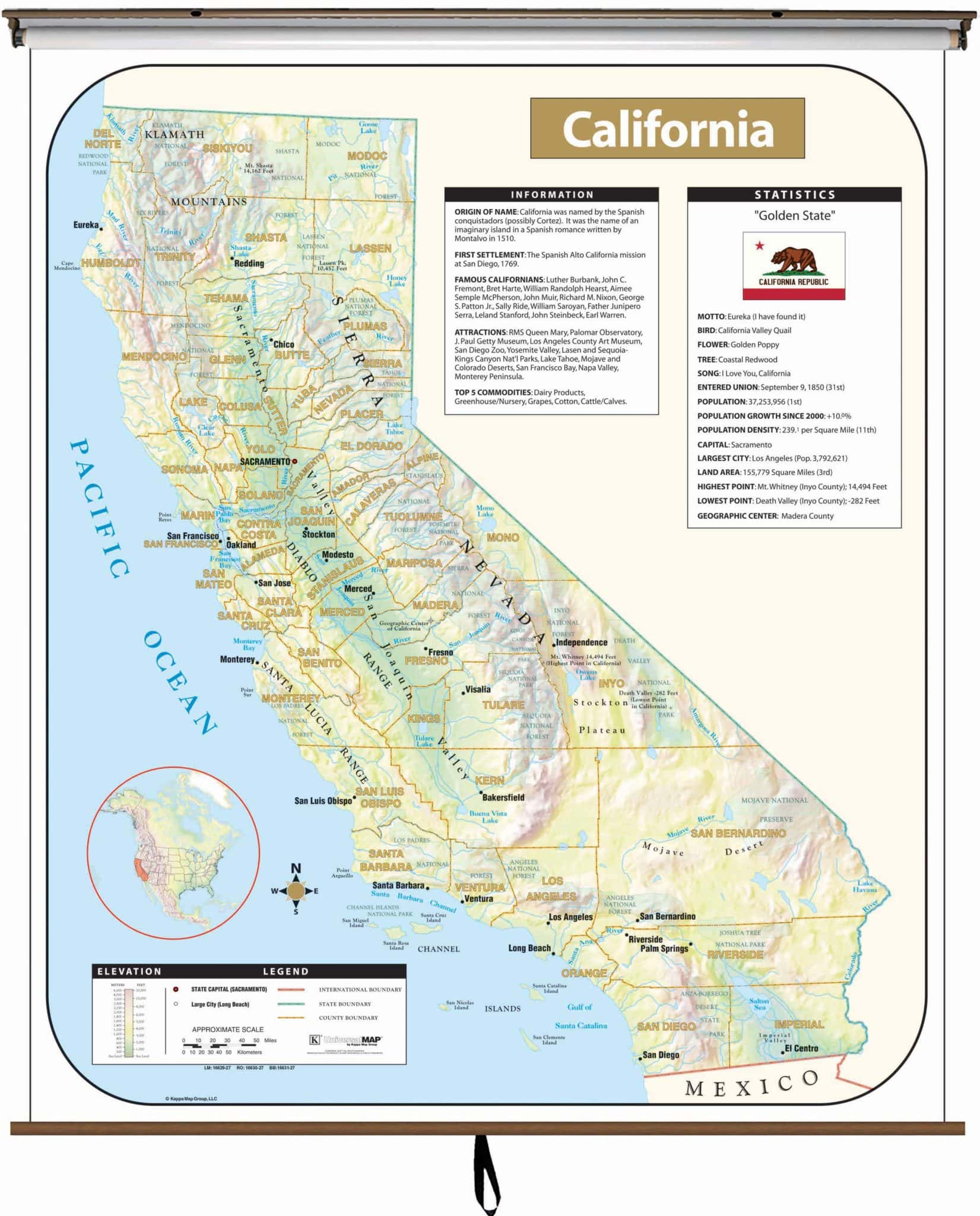 California Large Scale Shaded Relief Wall Map on Roller with Backboard