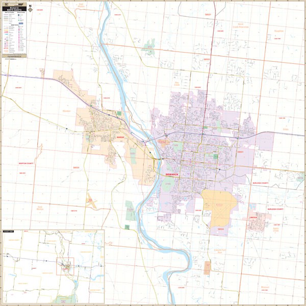 Bismarck & Mandan, ND Wall Map by Kappa The Map Shop