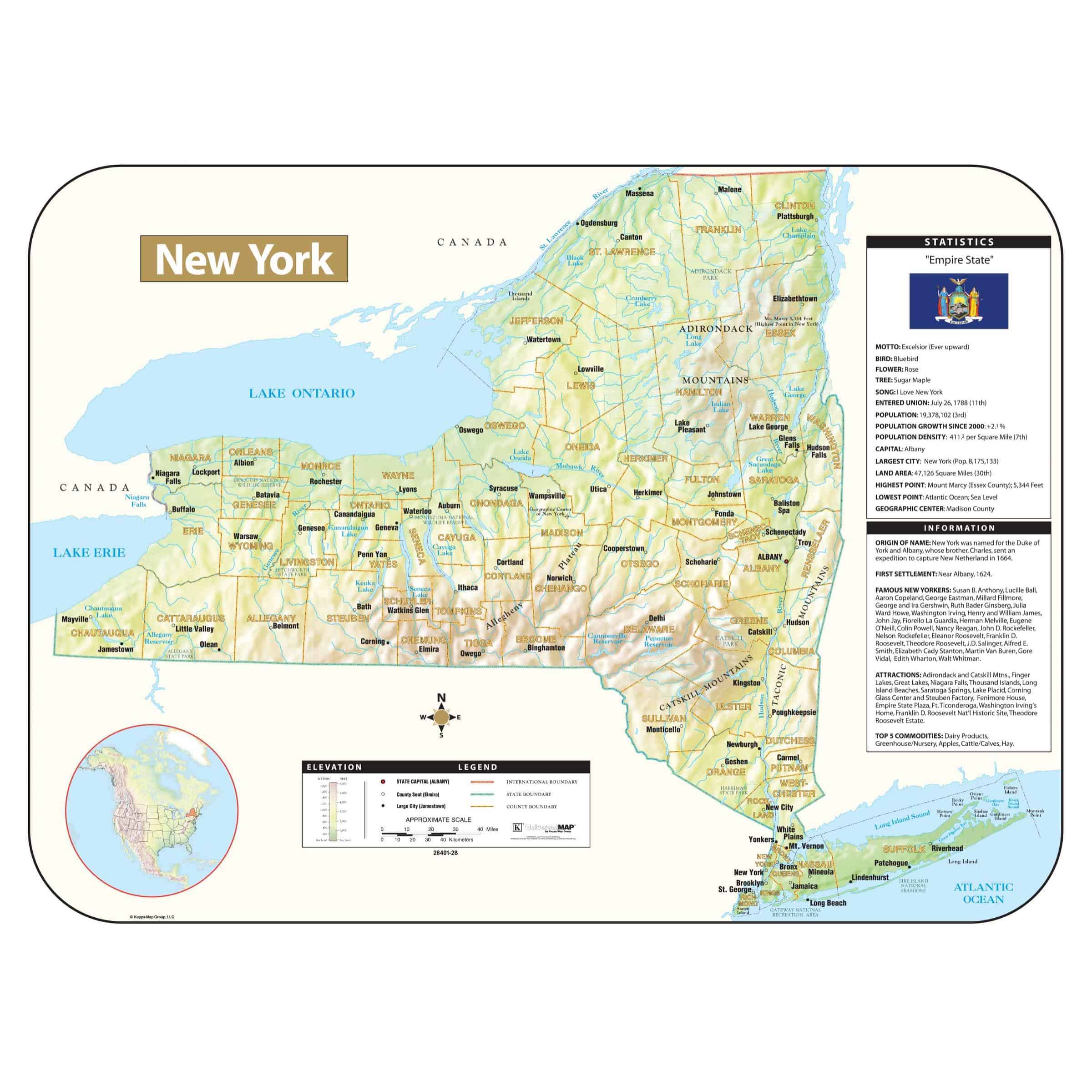New York Shaded Relief State Wall Map by Kappa The Map Shop