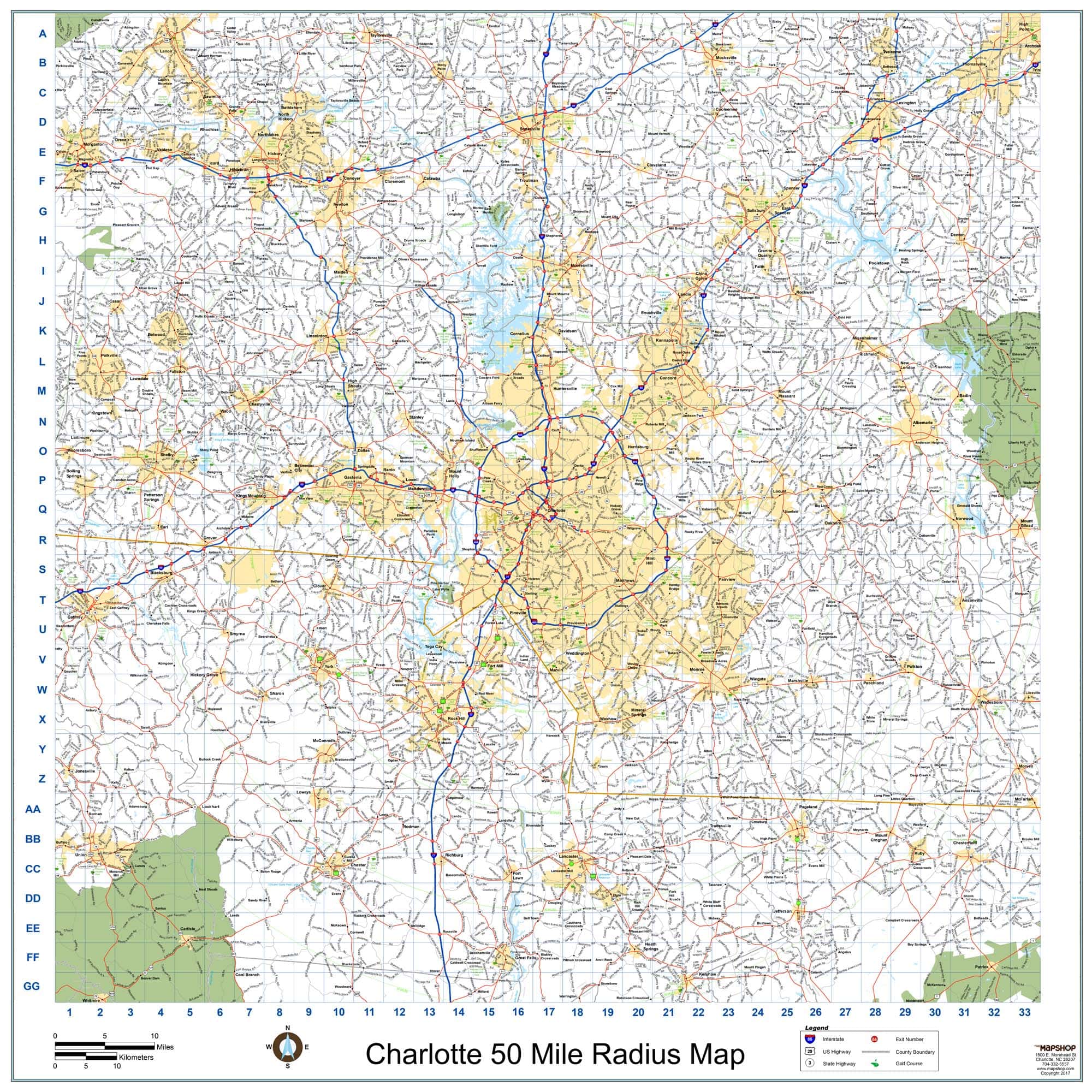Charlotte 50Mile Radius Wall Map by The Map Shop
