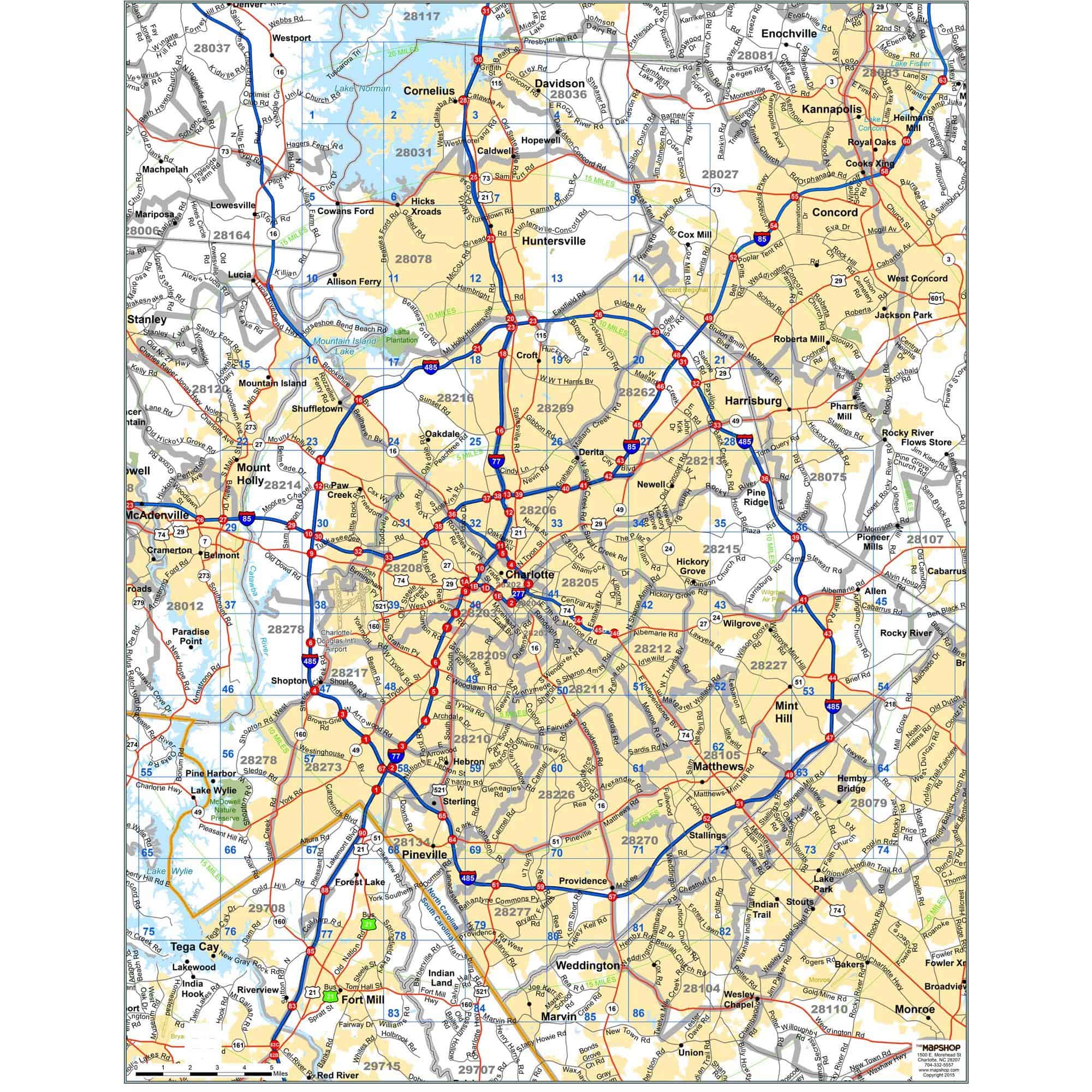 Mecklenburg County, NC Thoroughfares Wall Map by The Map Shop