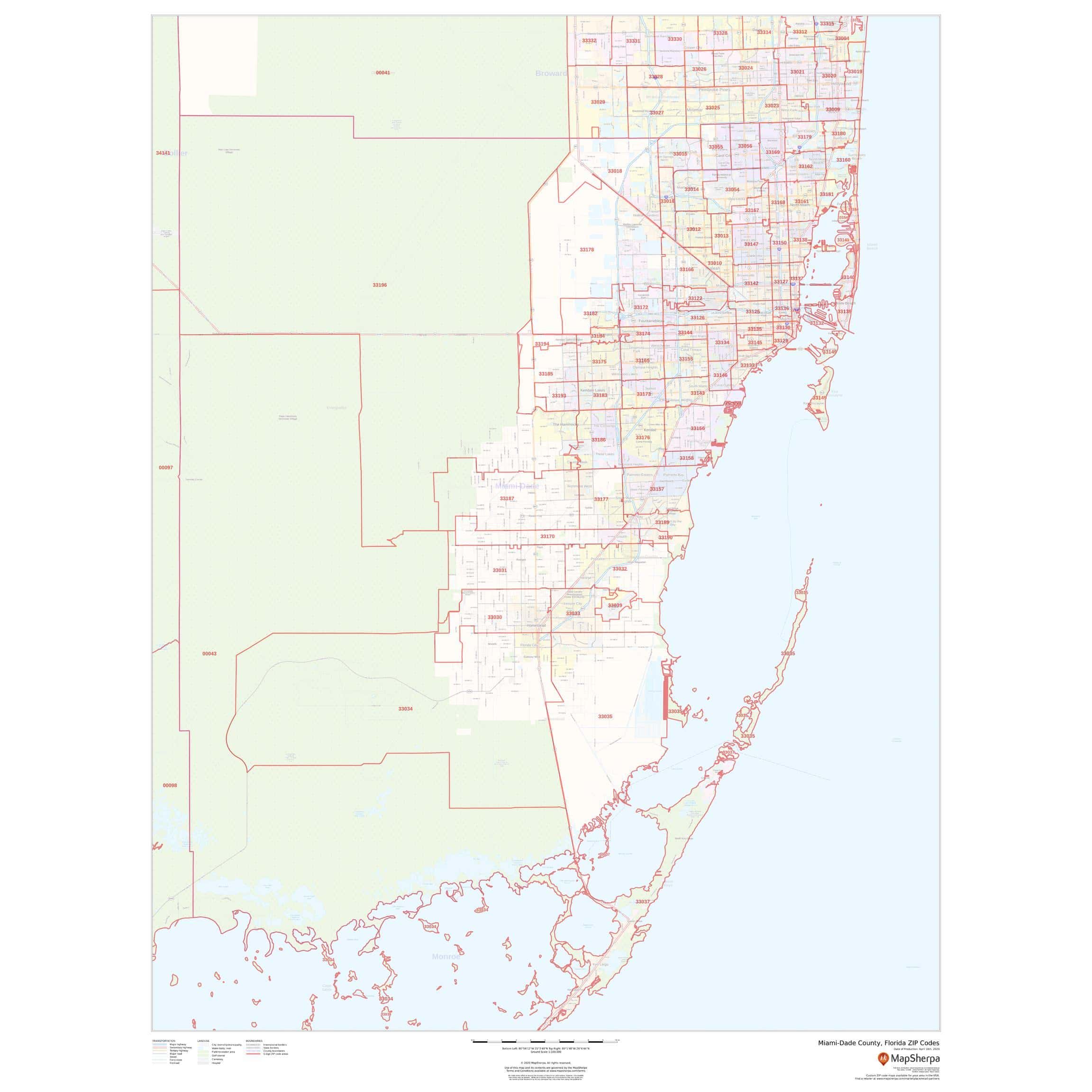 MiamiDade County, Florida Zip Codes by Map Sherpa The Map Shop