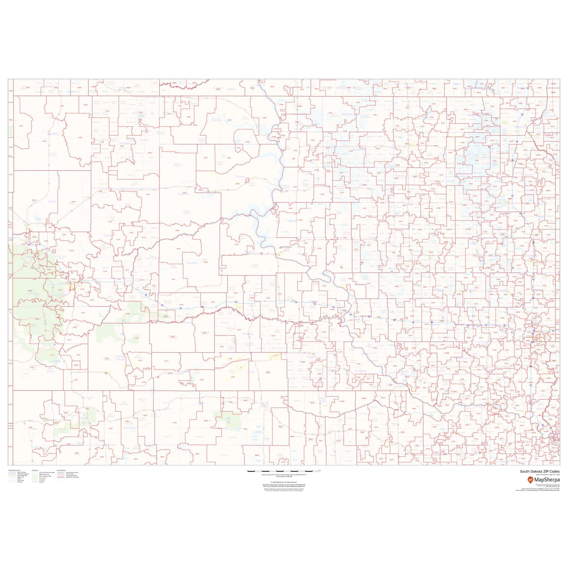 South Dakota Zip Code Map by Map Sherpa The Map Shop
