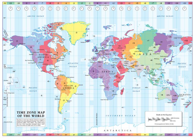 Color Blind Friendly Time Zone Wall Map of the World by Cosmographics